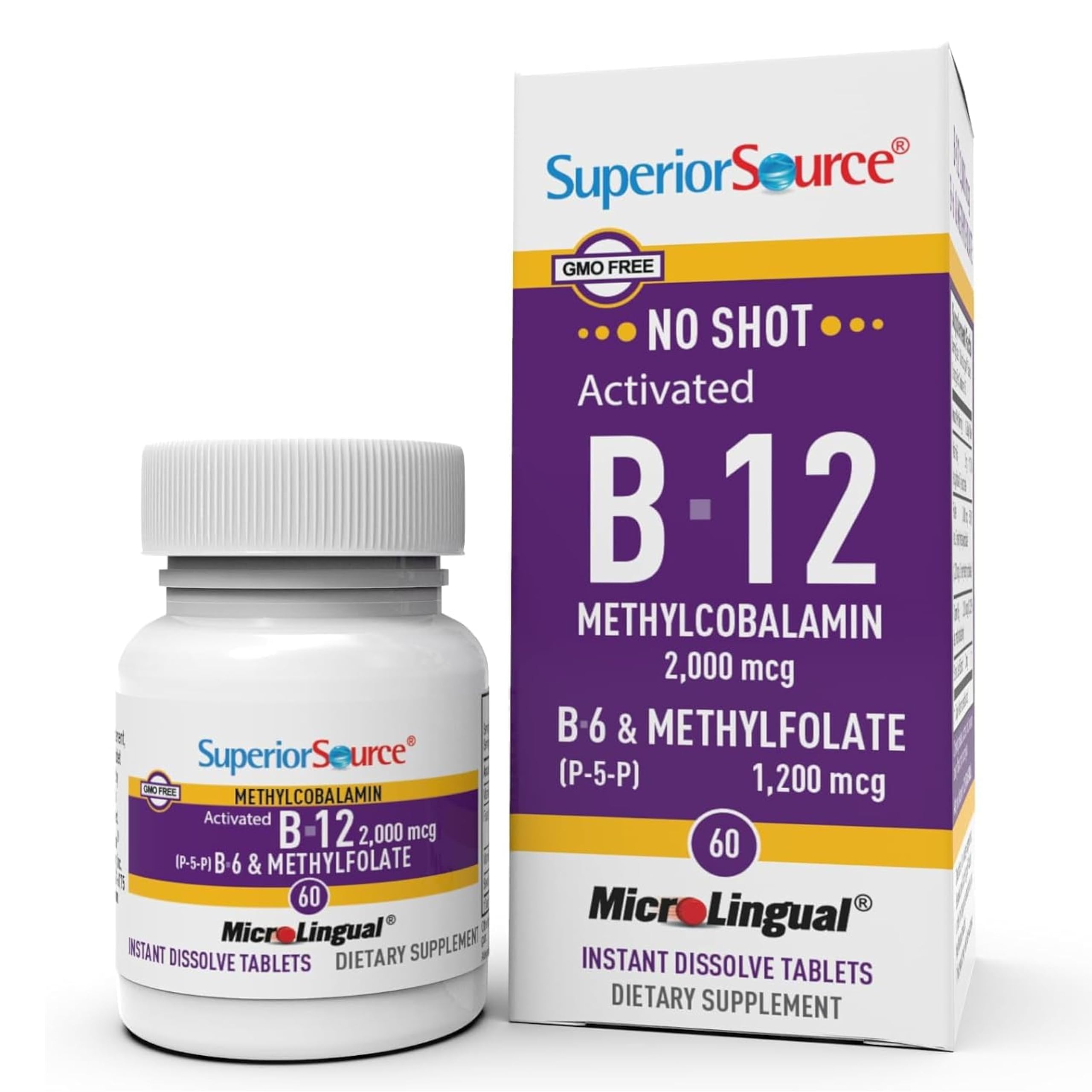 Product image: Superior Source No Shot B-12 2000 mcg with B-6 and Methylfolate 1200 mcg, 60 sublingual tablets.