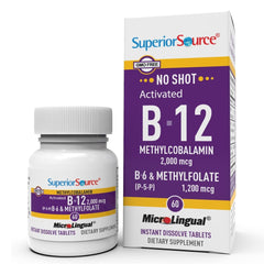 Product image: Superior Source No Shot B-12 2000 mcg with B-6 and Methylfolate 1200 mcg, 60 sublingual tablets.