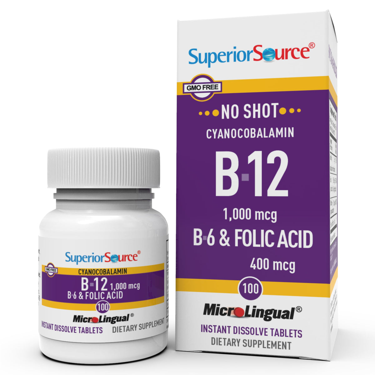 Front label view of Superior Source No Shot B12 B6 Folic Acid bottle showing 1000 mcg B12 and 400 mcg folic acid