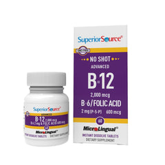 Bottle of Superior Source NO SHOT Advanced B-12 B-6 Folic Acid 60 Sublingual Tablets