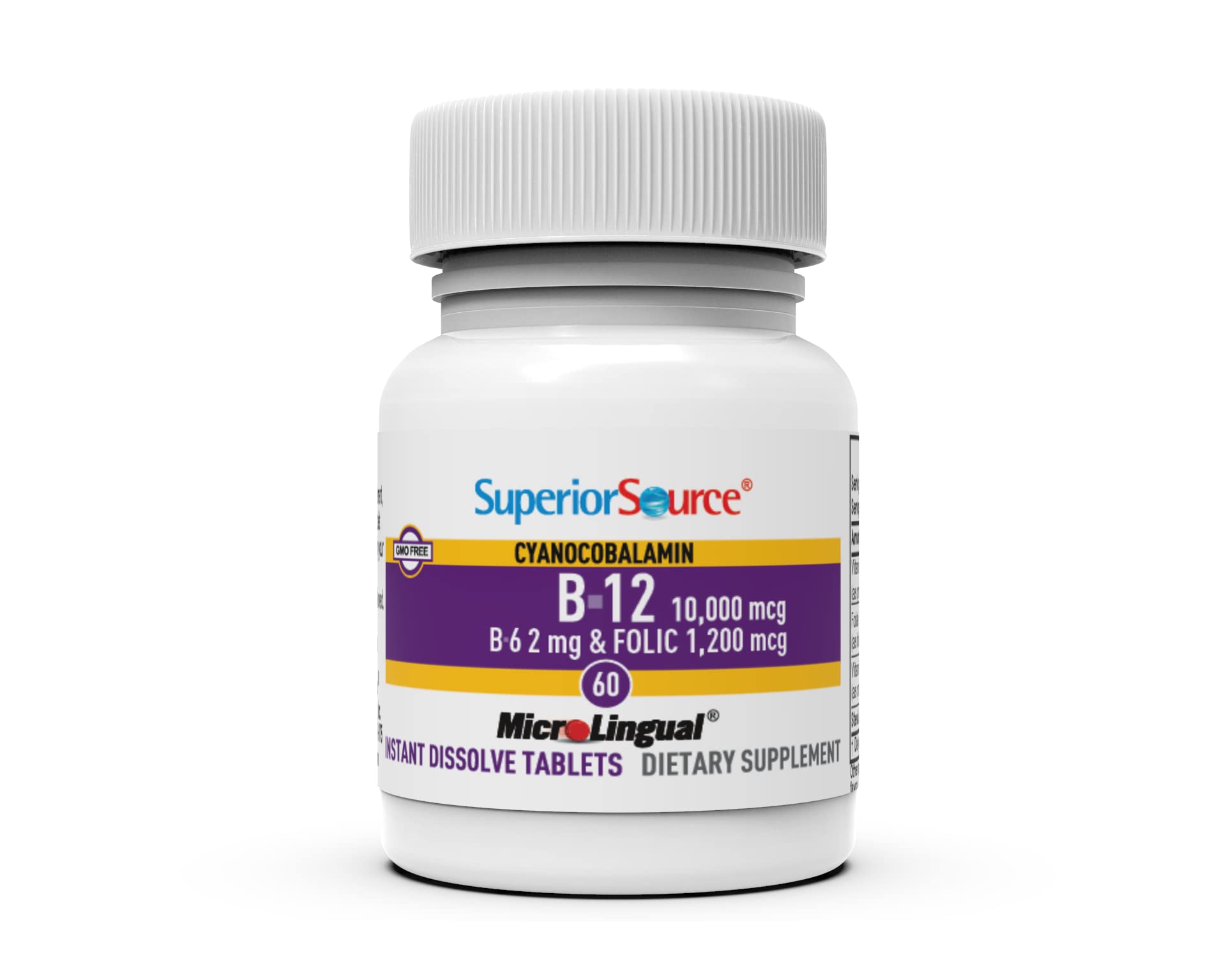 Packaging shot of Superior Source No Shot Vitamin B12 B6 Folic Acid tablets