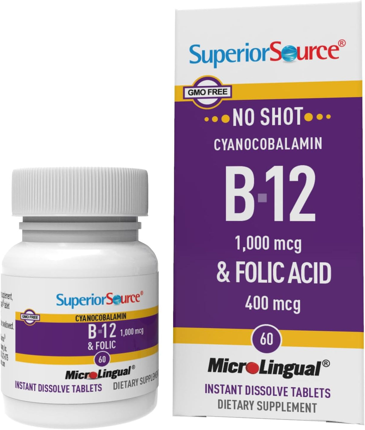 Front of Superior Source No Shot B-12 1000 mcg with Folic Acid 400 mcg bottle