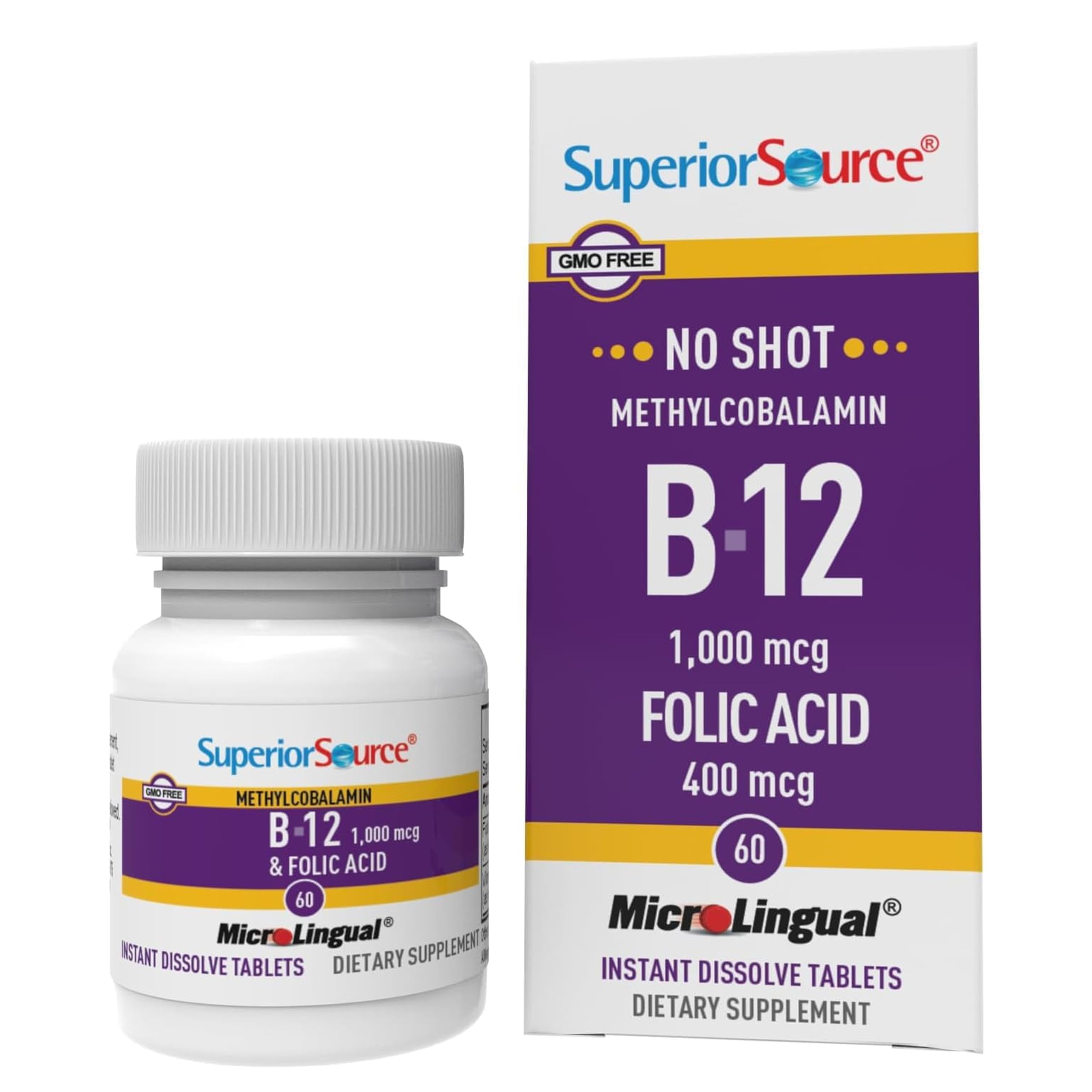 Superior Source No Shot B12 with Folic Acid 60 count bottle and label