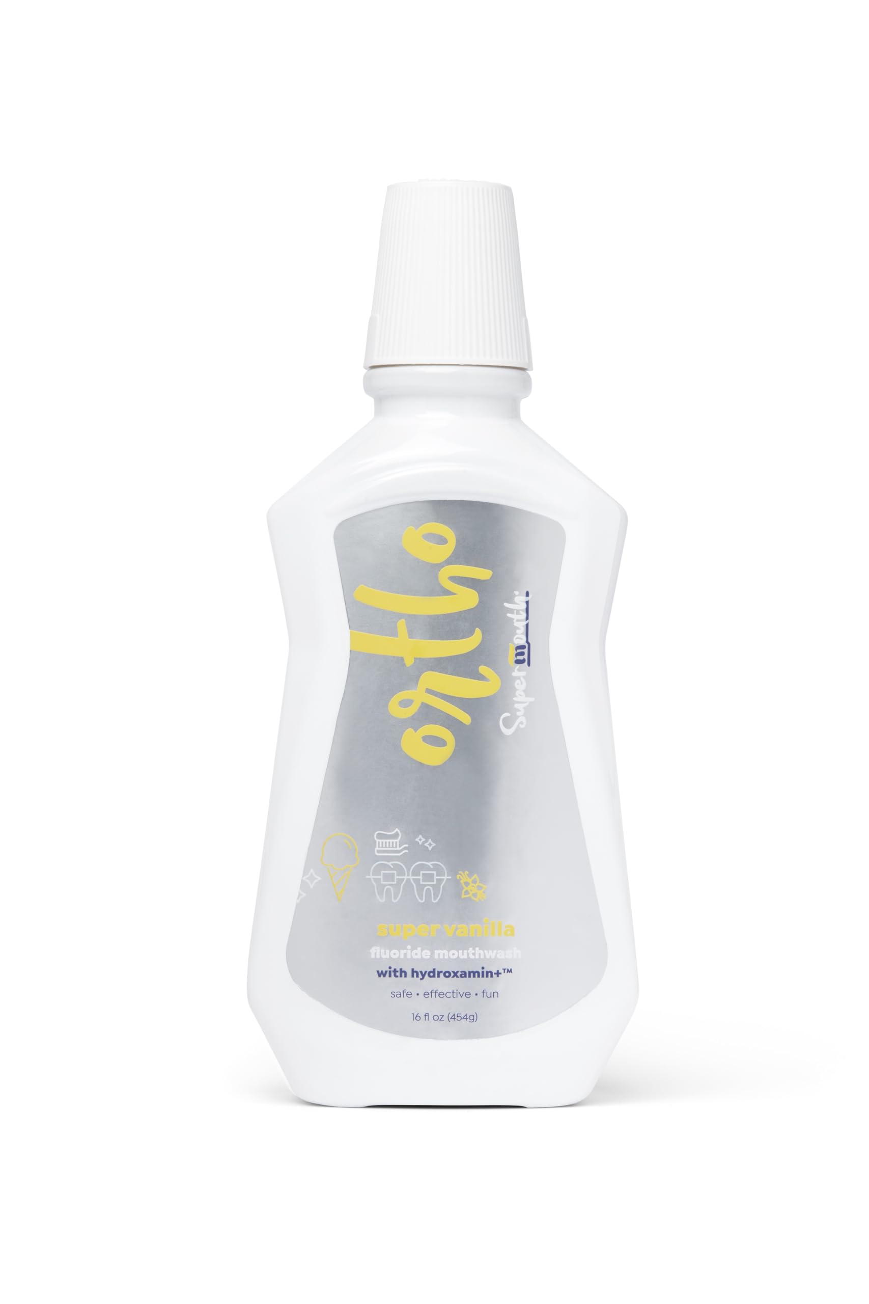 Bottle of SuperMouth Ortho Mouthwash with four flavors
