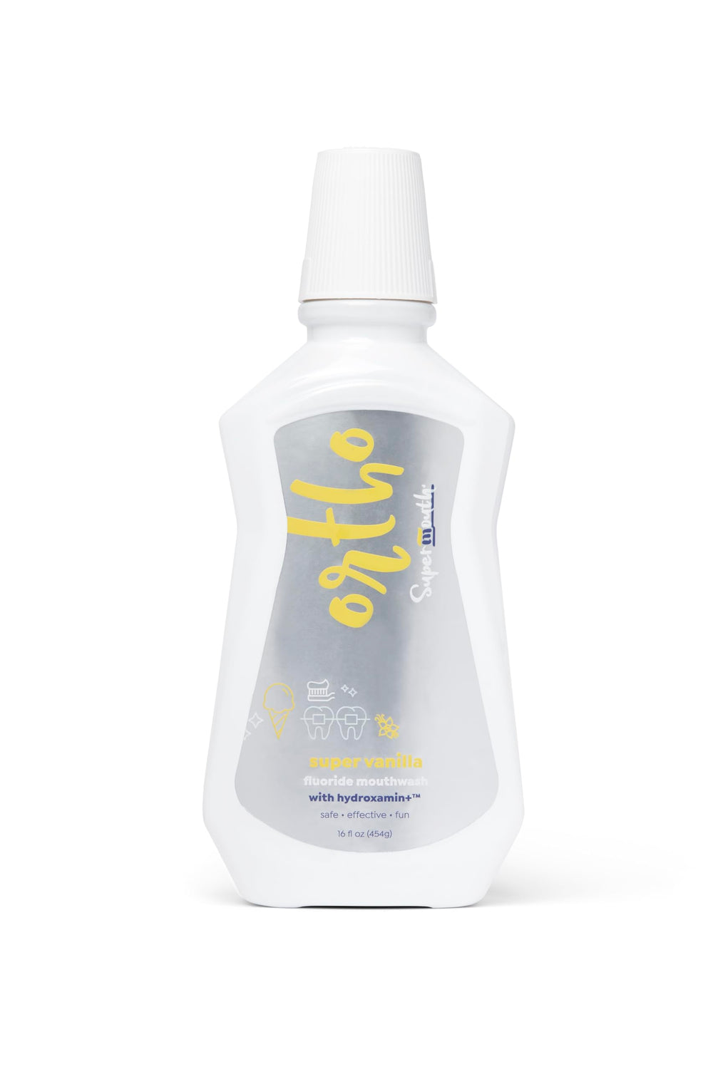 Bottle of SuperMouth Ortho Mouthwash with four flavors