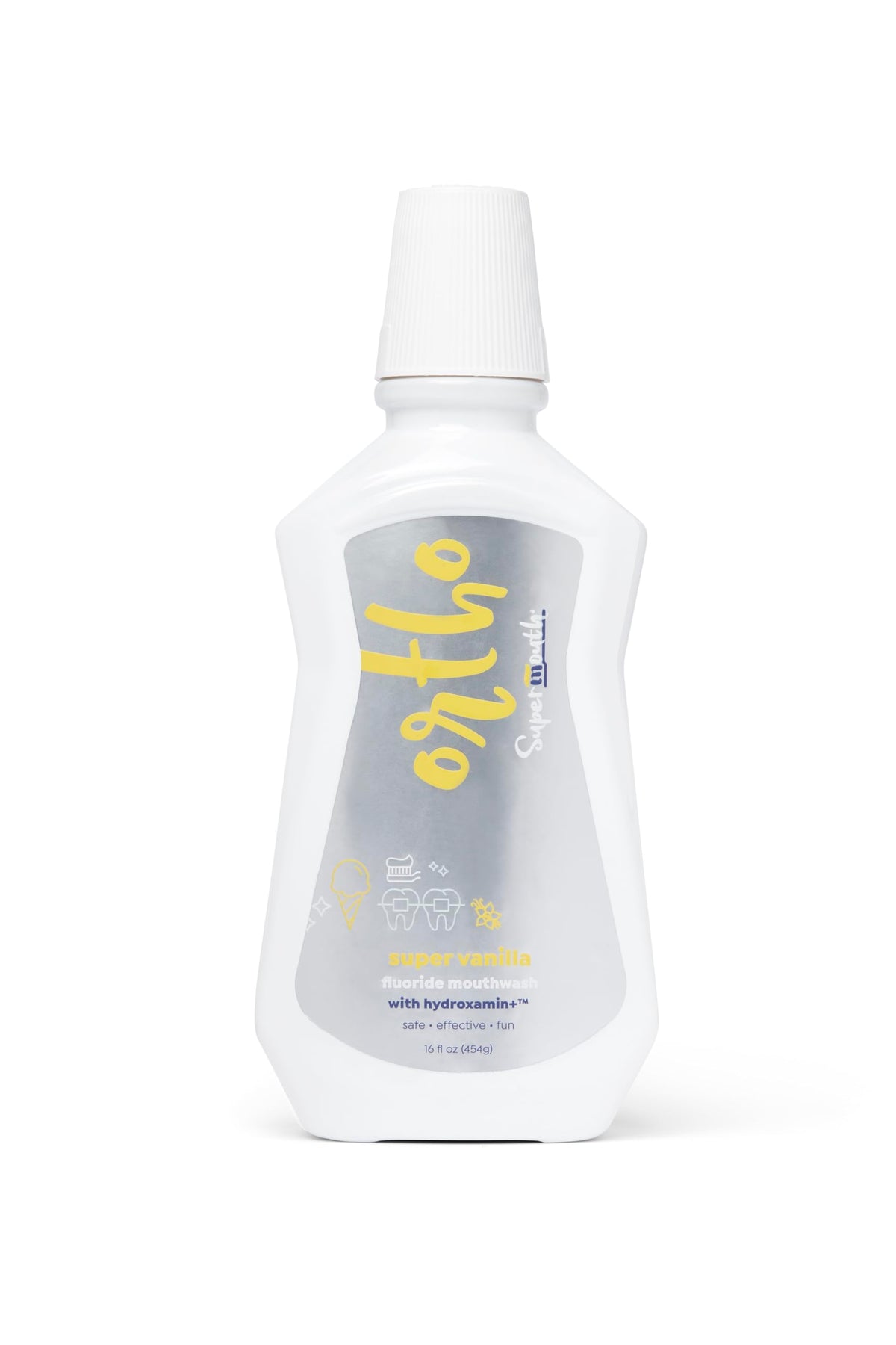 Bottle of SuperMouth Ortho Mouthwash with four flavors