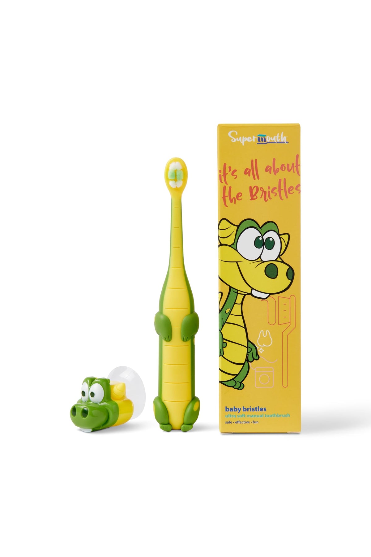 Front view of SuperMouth Toddler toothbrush featuring superhero design