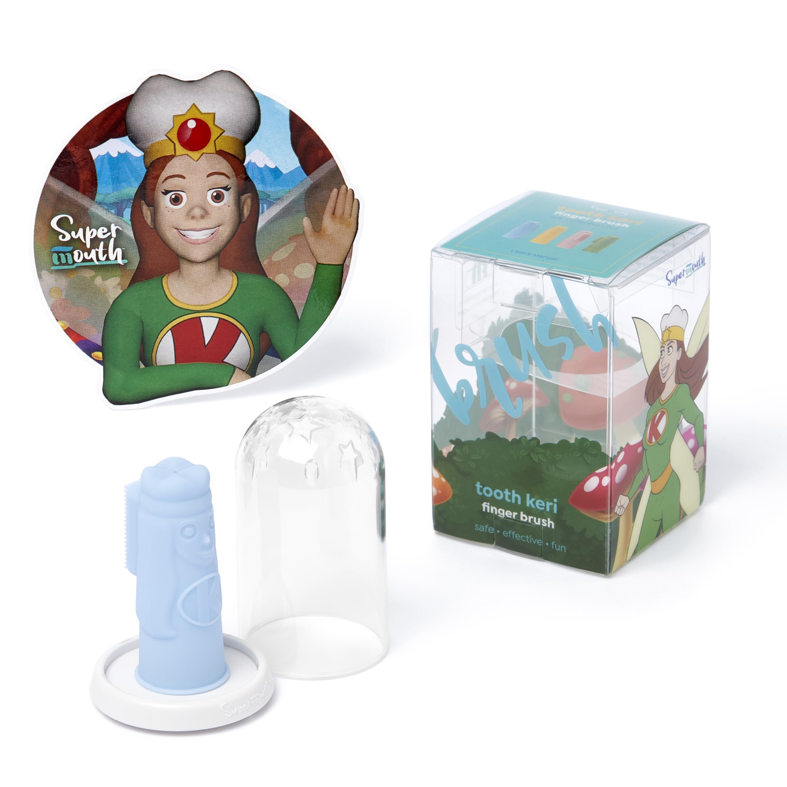 Close-up of SuperMouth Tooth Keri baby finger brush with soft silicone bristles