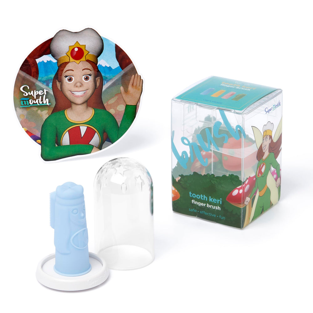 Close-up of SuperMouth Tooth Keri baby finger brush with soft silicone bristles