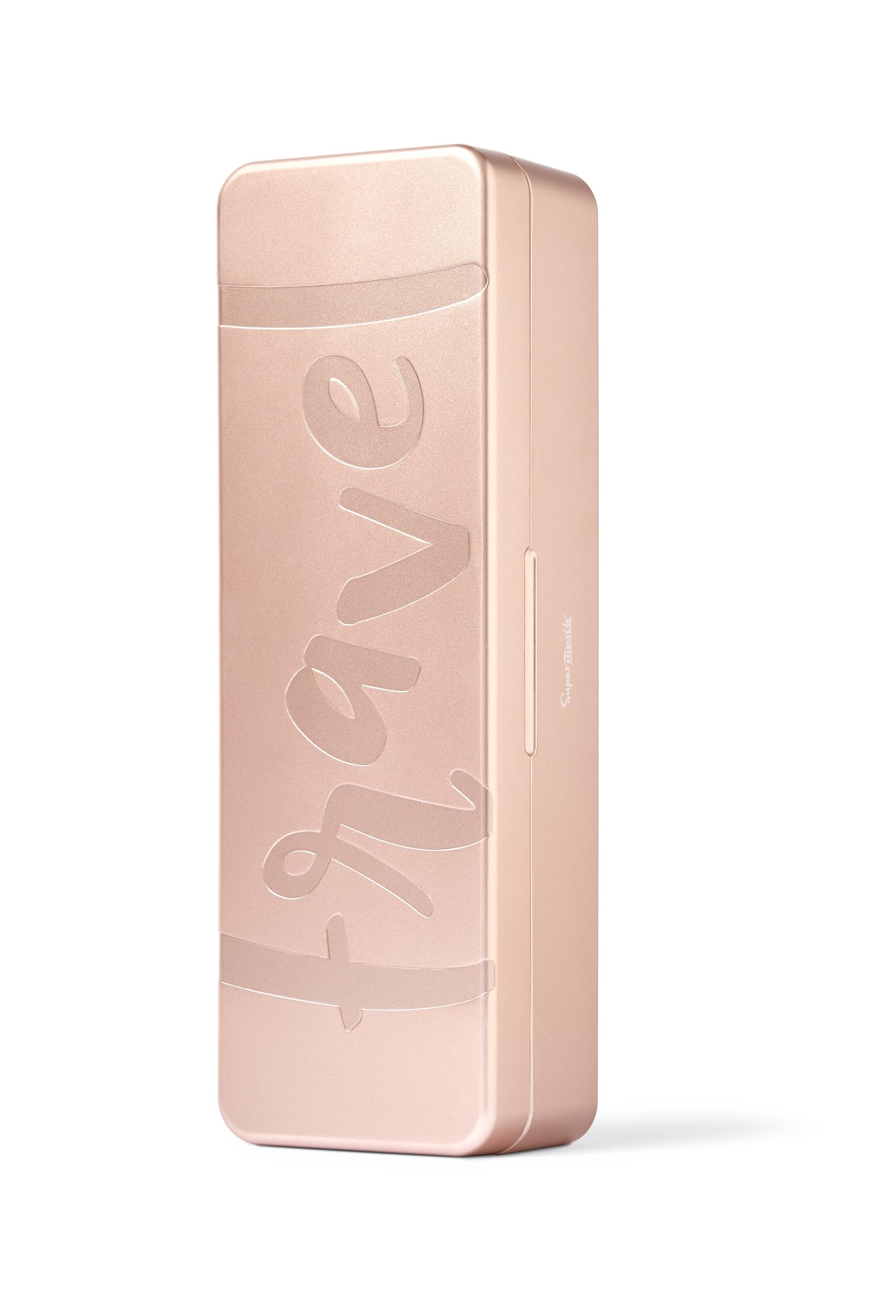 Open rose gold SuperMouth Ultim8 Travel SmartCase showing compartments for SmartBrush, toothpaste, and floss.