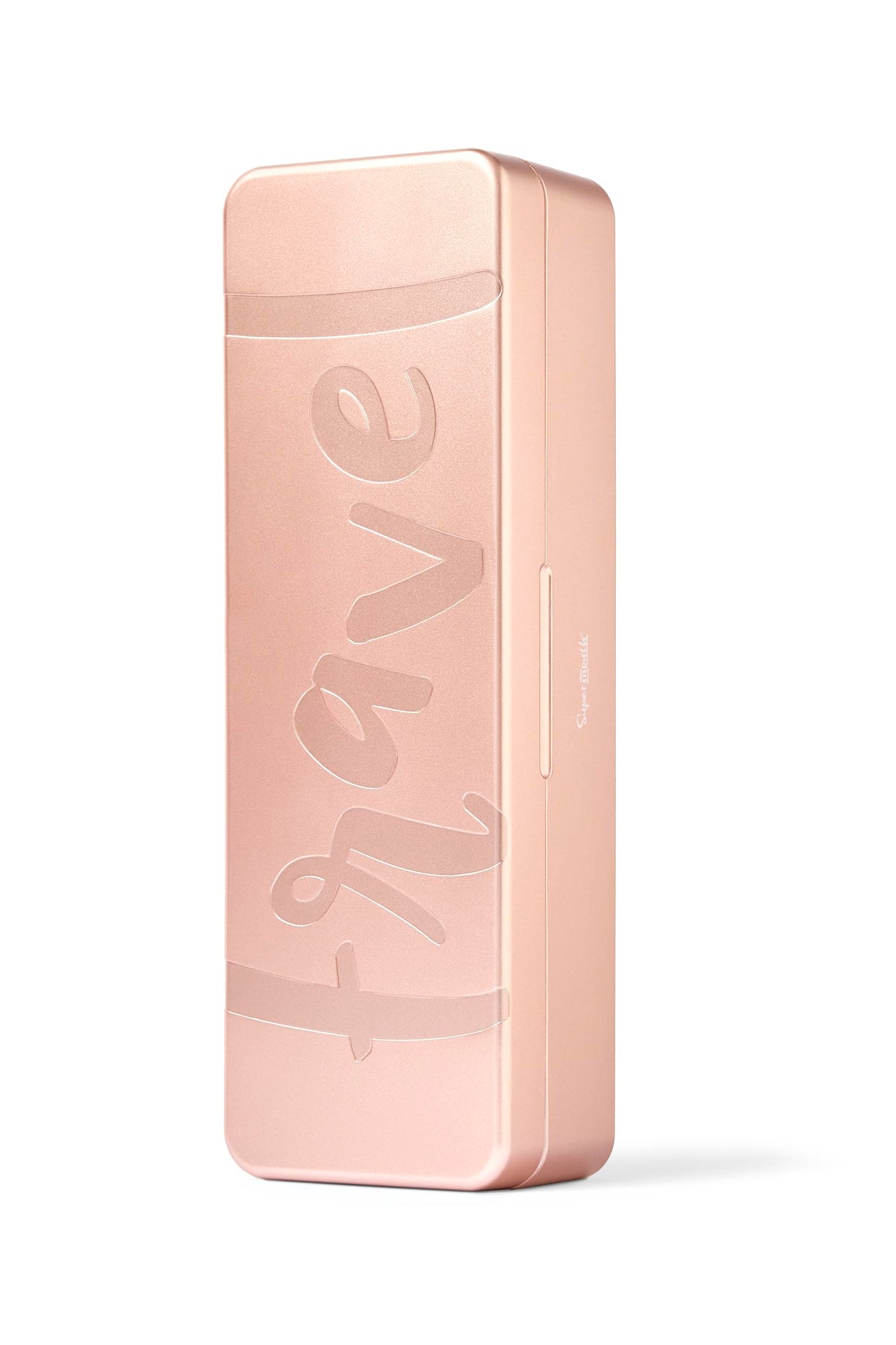 Open rose gold SuperMouth Ultim8 Travel SmartCase showing compartments for SmartBrush, toothpaste, and floss.