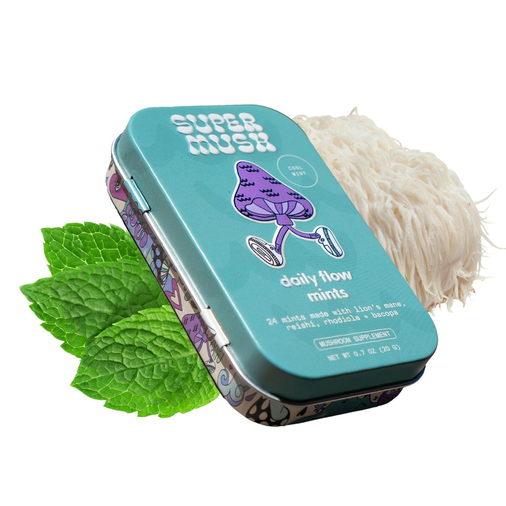 Packaging for SuperMush Daily Flow & Focus SuppleMint (20g Organic Mushroom Mint)