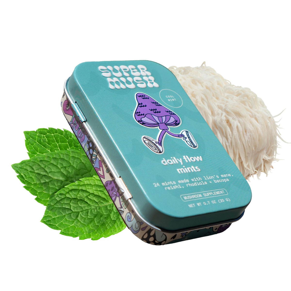 Packaging for SuperMush Daily Flow & Focus SuppleMint (20g Organic Mushroom Mint)