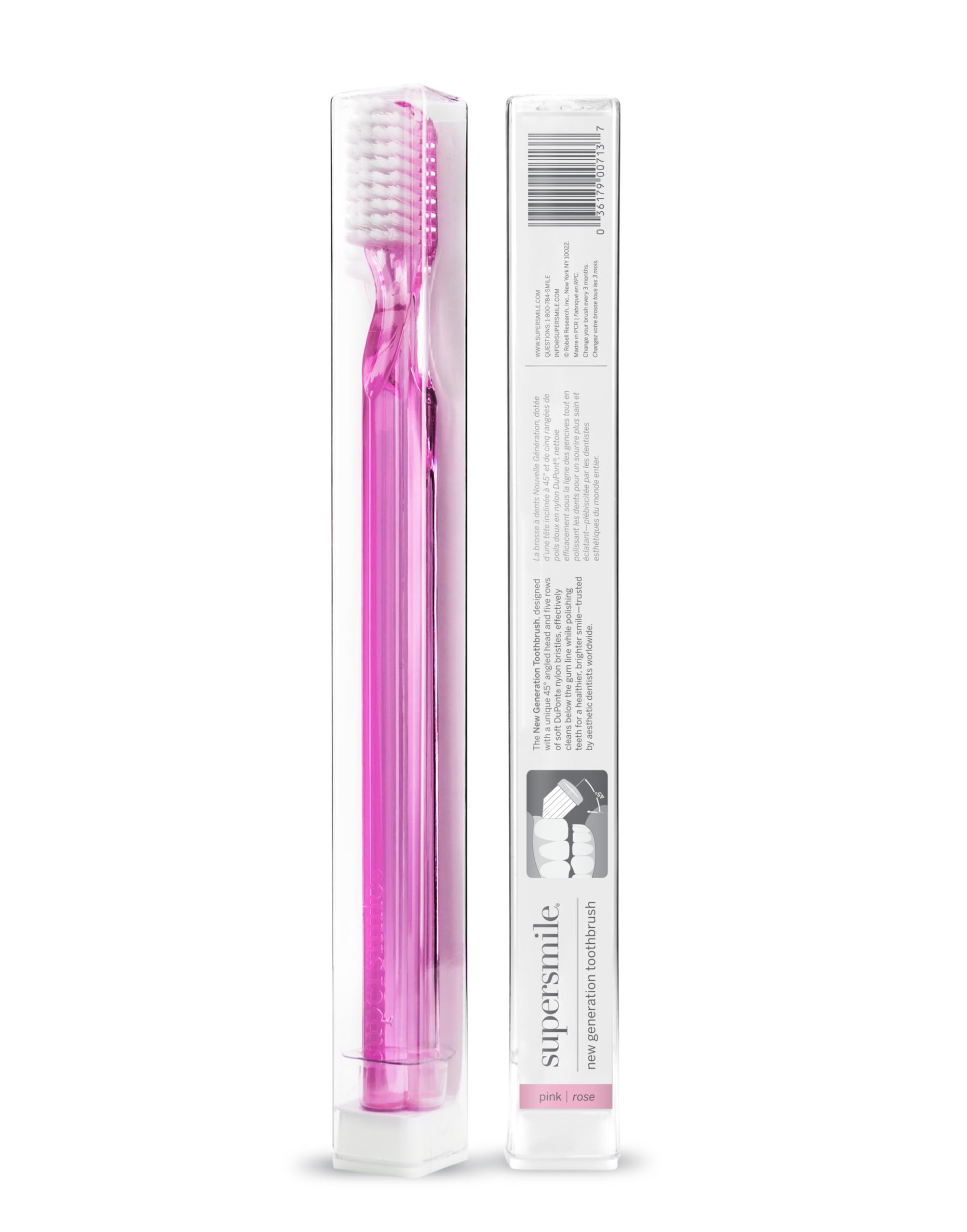 Close-up of pink 45° angled brush head for precise gumline cleaning