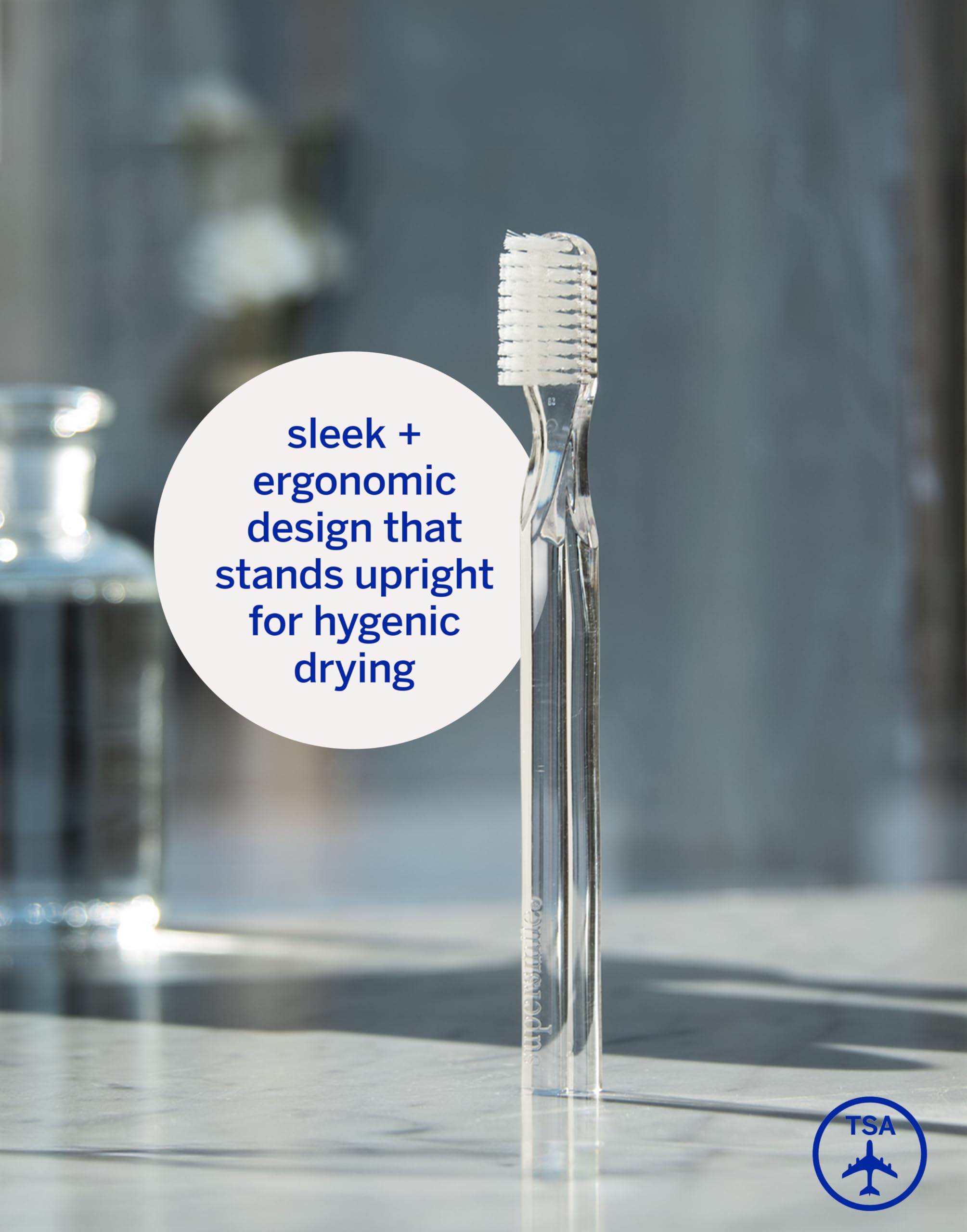 Five tufted rows of DuPont soft nylon bristles on Supersmile toothbrush