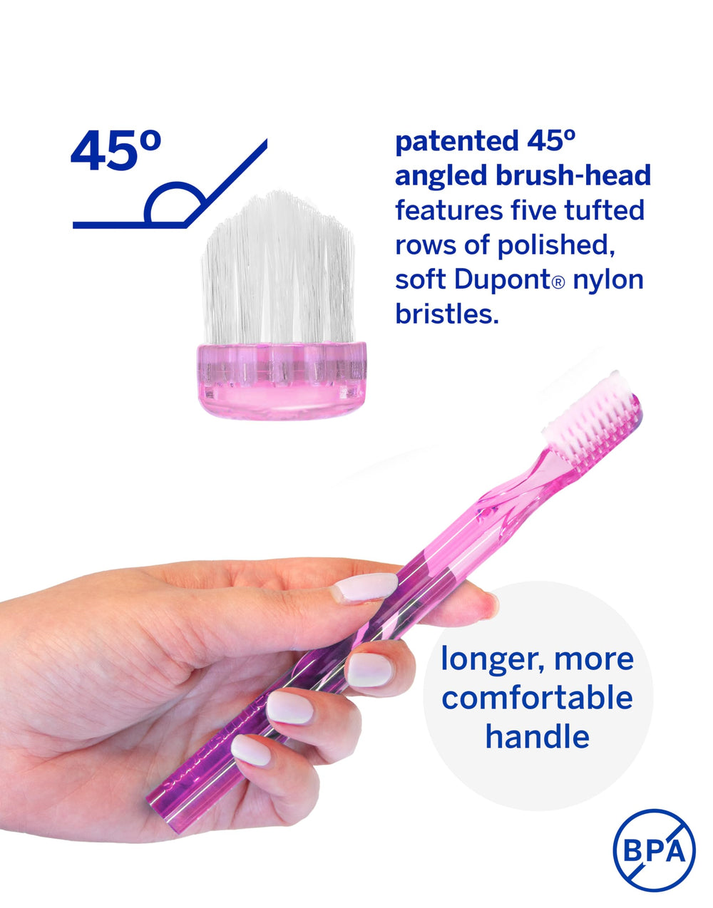 Gum line cleaning with unique brush head design on Supersmile 45° pink