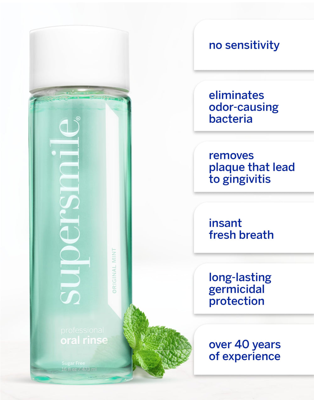 Side view of Supersmile Oral Rinse bottle with cap