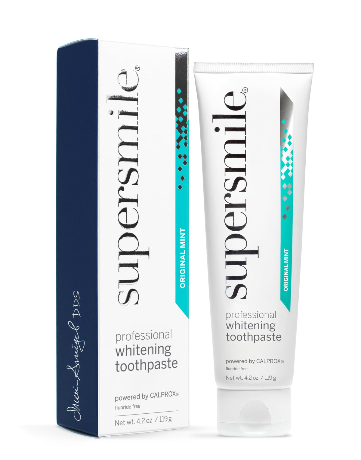 Packaging for Supersmile Original Mint Fluoride-Free whitening toothpaste, 4.2 oz