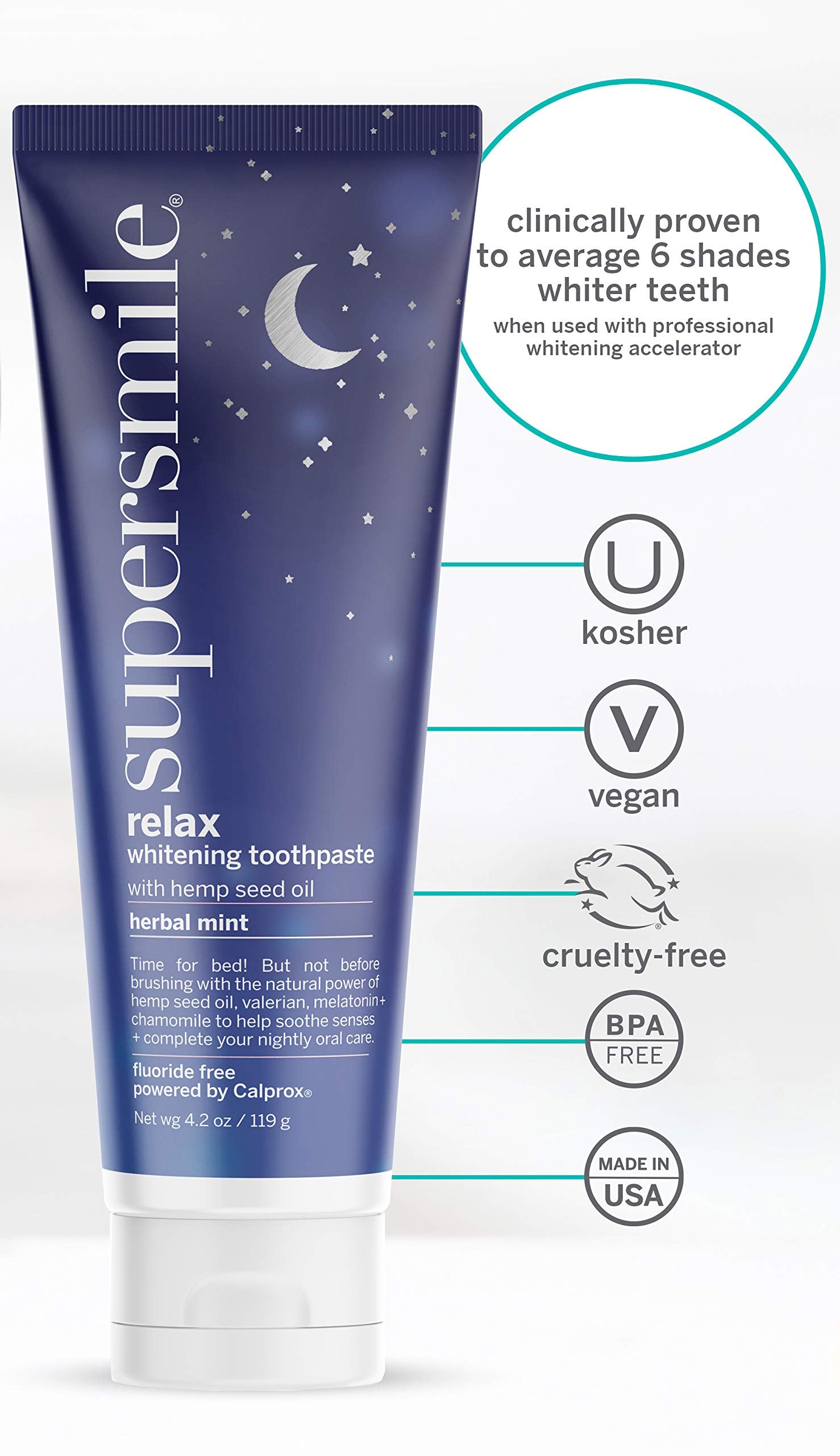 Label highlighting Kosher and USA Made for Supersmile Relax