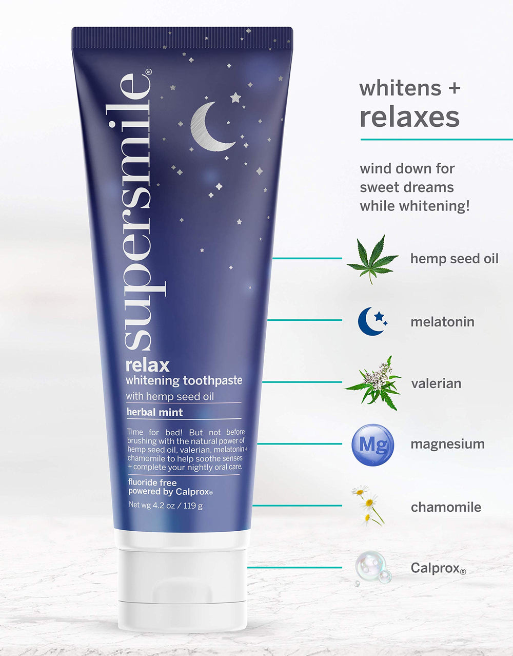 Supersmile Relax toothpaste packaging and box