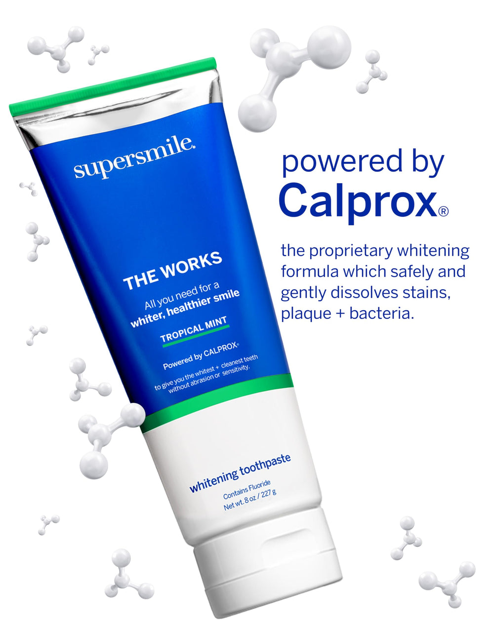 Close-up of Supersmile The Works toothpaste and accelerator duo packaging