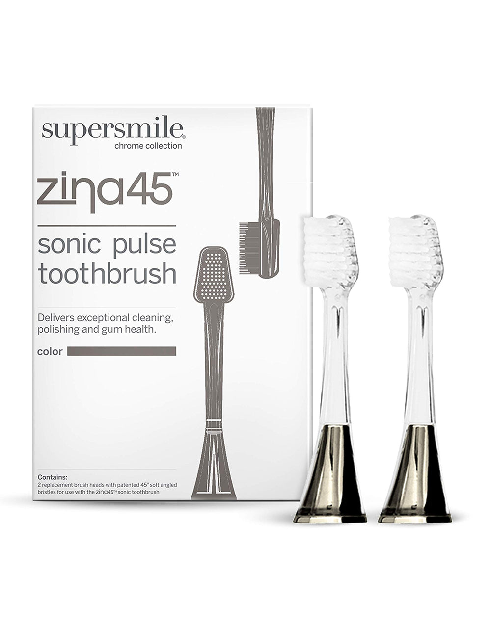 Two-pack box of Supersmile charcoal replacement brush heads for Zina45 Sonic Pulse