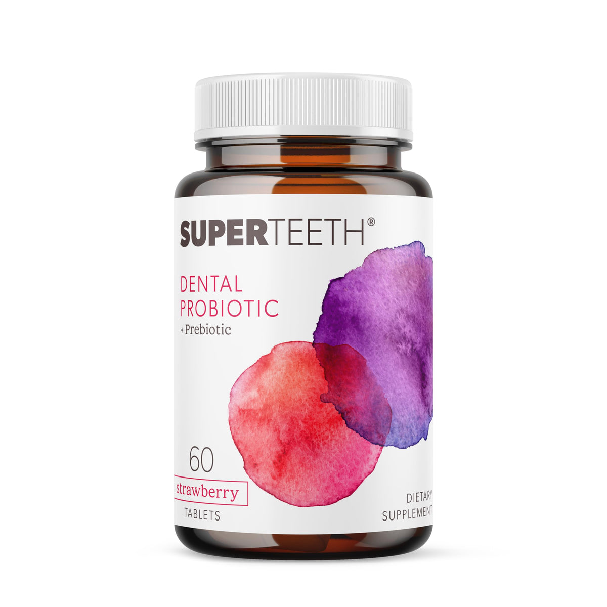 Front of SuperTeeth Chewable Dental Probiotic bottle with BLIS M18