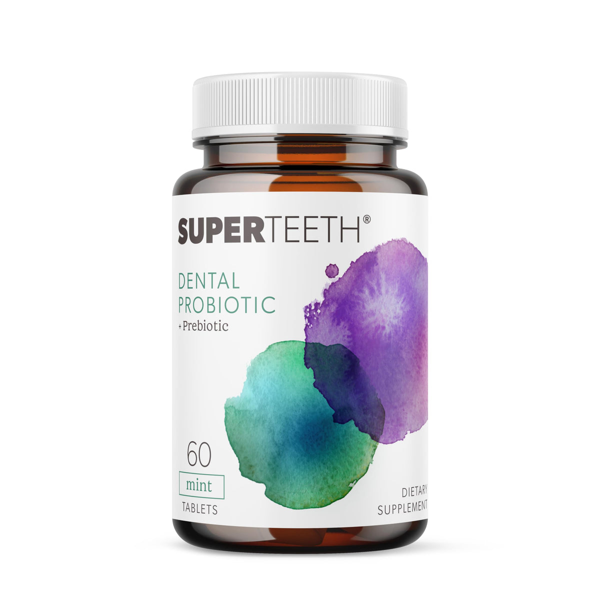 SuperTeeth Chewable Dental Probiotic bottle with BLIS M18 label