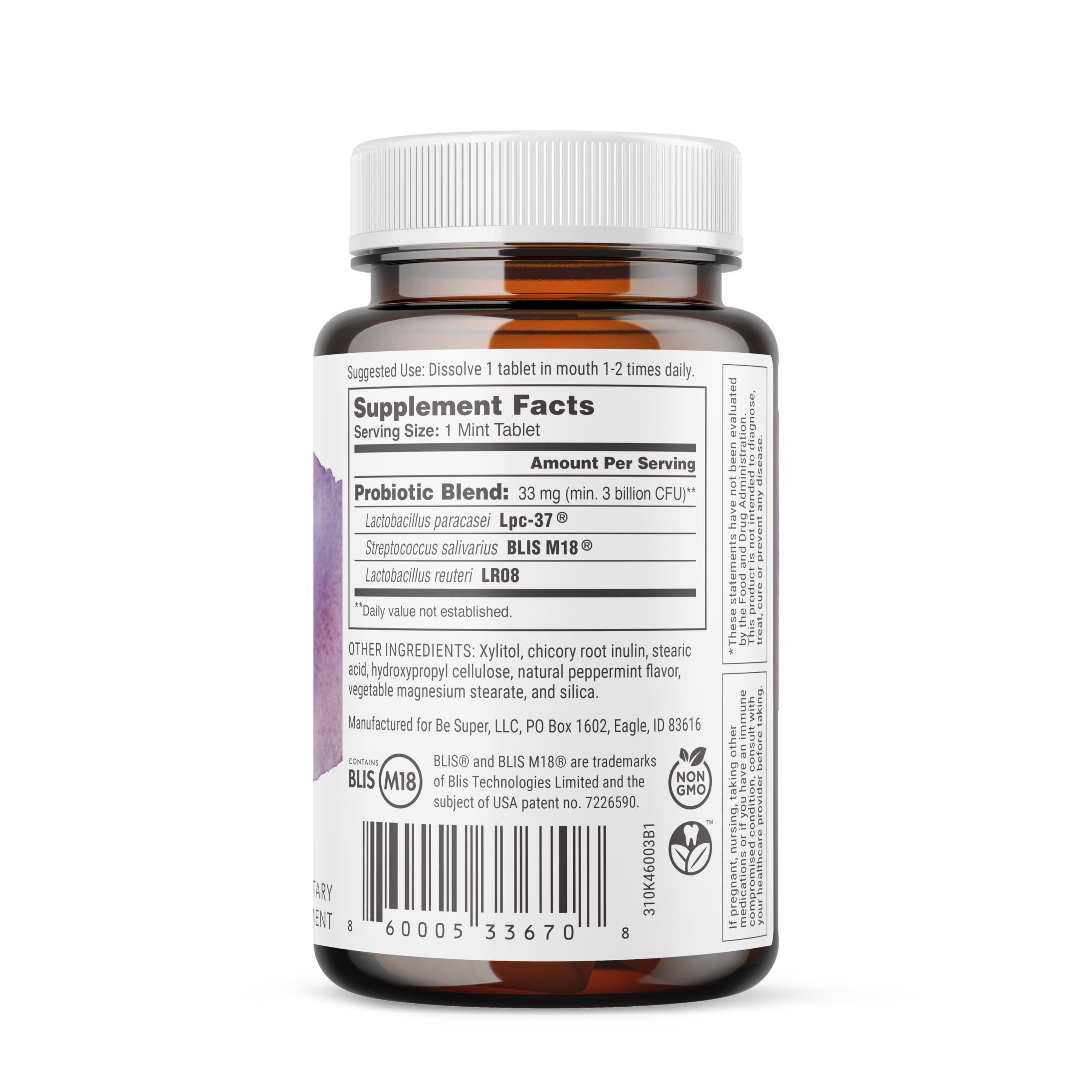 Close-up of mint flavored chewable probiotic tablet