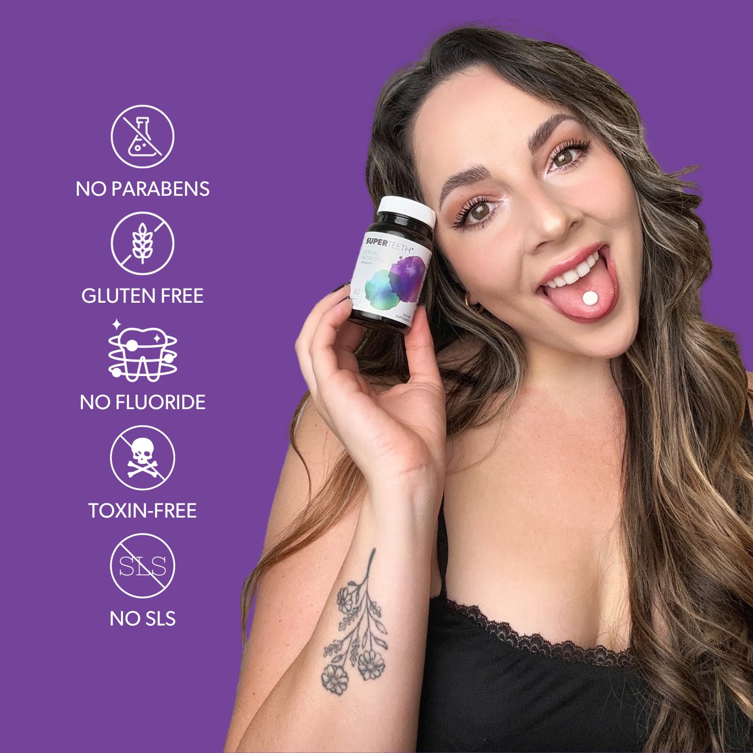 Brand logo and product features for SuperTeeth Dental Probiotic