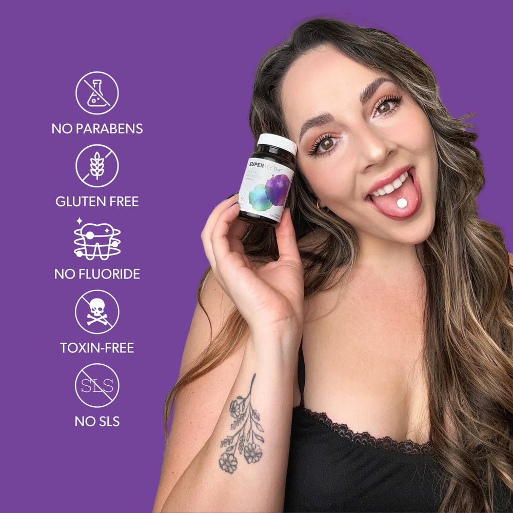 Brand logo and product features for SuperTeeth Dental Probiotic
