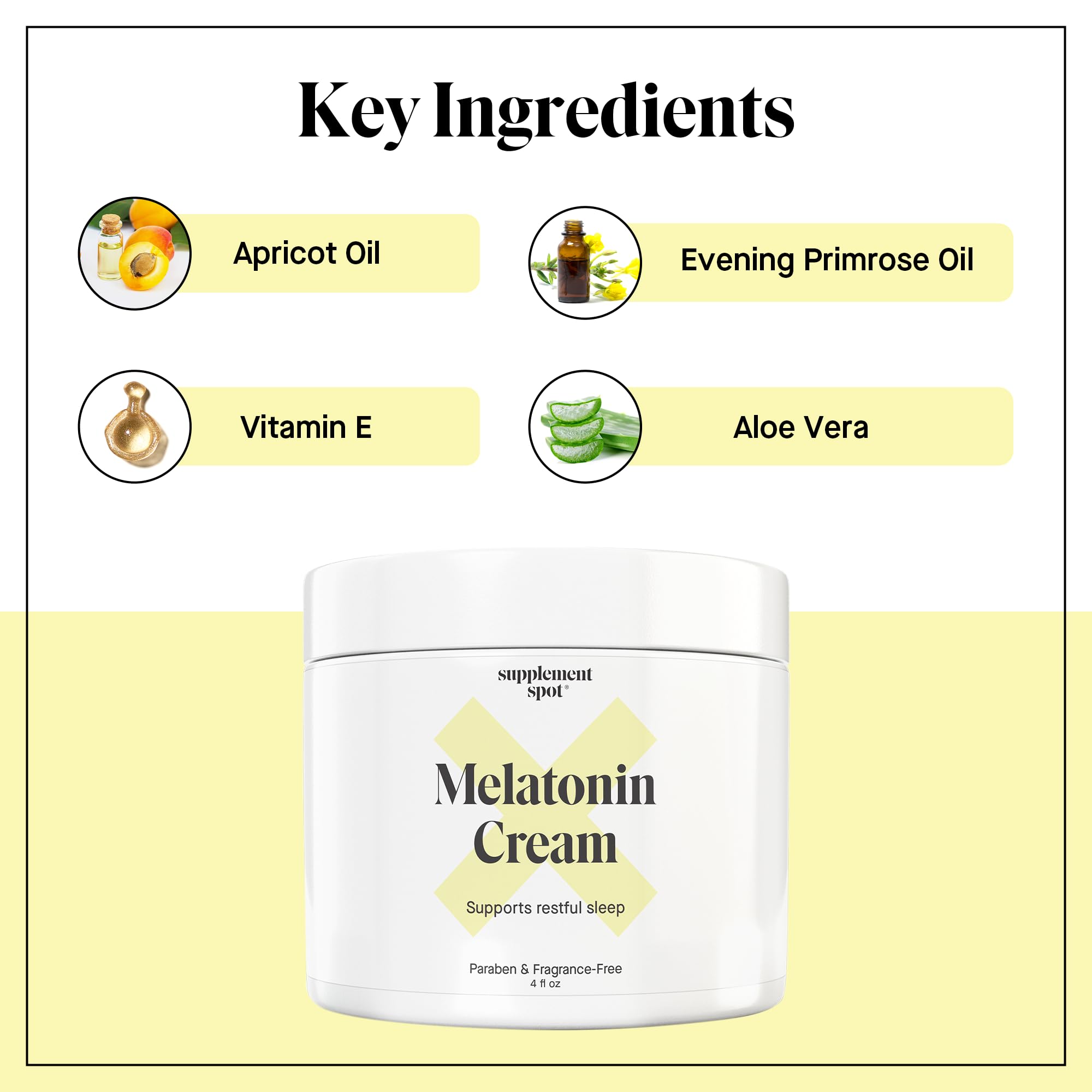 Antioxidants and wellness icons beside Melatonin Sleep Cream