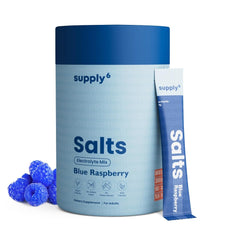 Front view of SUPPLY6 Salts Blue Raspberry box and sachets