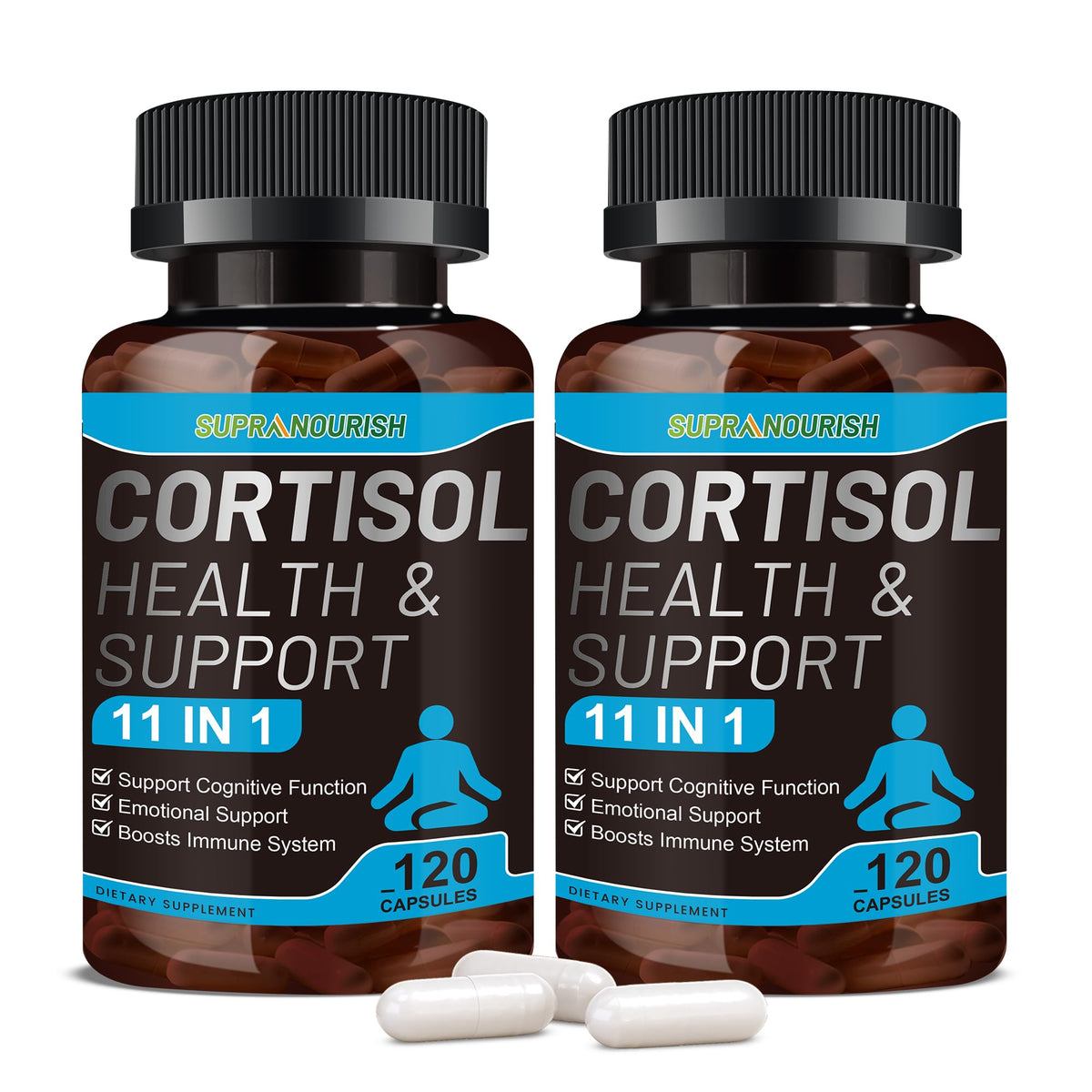 Front view of SUPRANOURISH Cortisol Manager bottle with label