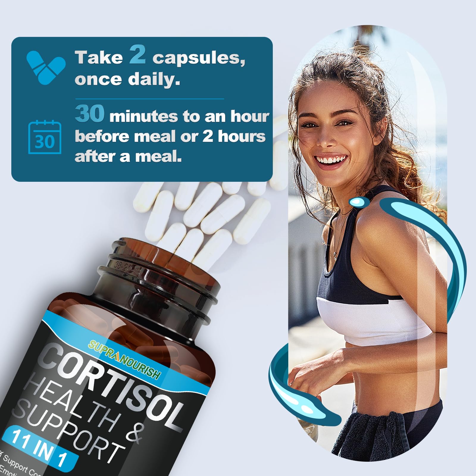 Lifestyle scene showing daily routine with SUPRANOURISH supplements