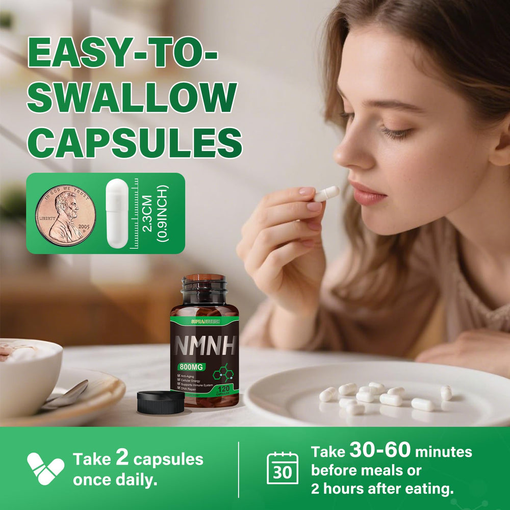 Lifestyle image showing someone taking NMNH capsule