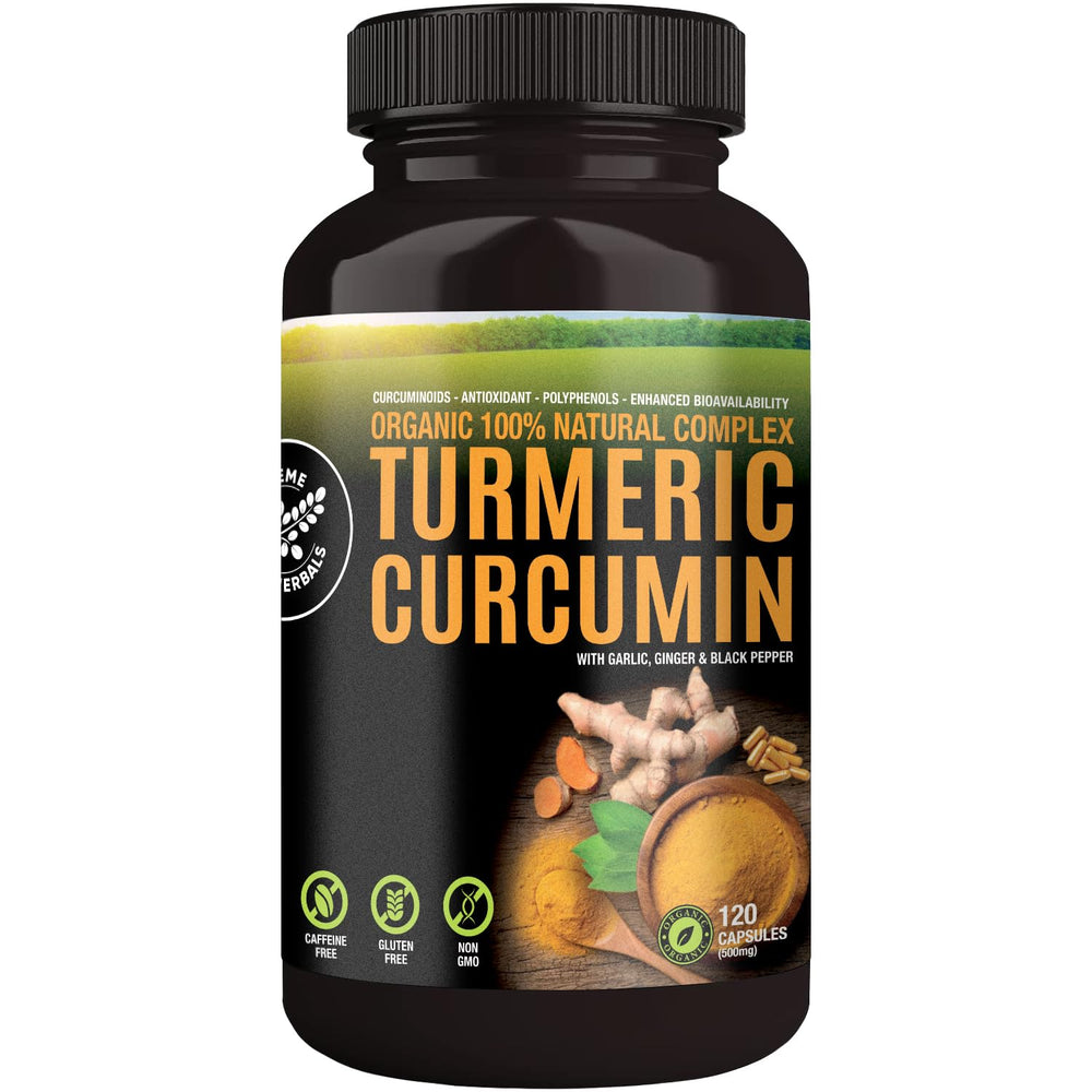 SUPREME HERBALS front bottle view showing organic turmeric label and benefits