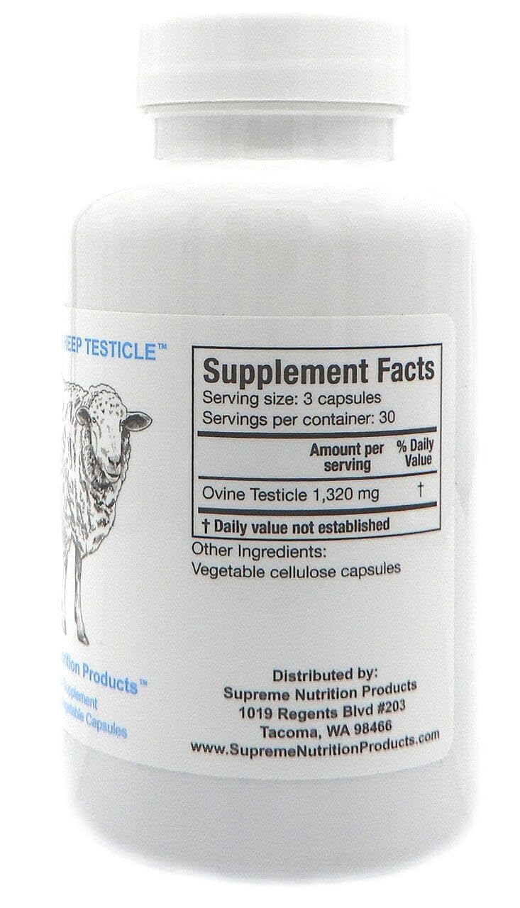 Close-up of 90-capsule bottle of sheep testicle supplement
