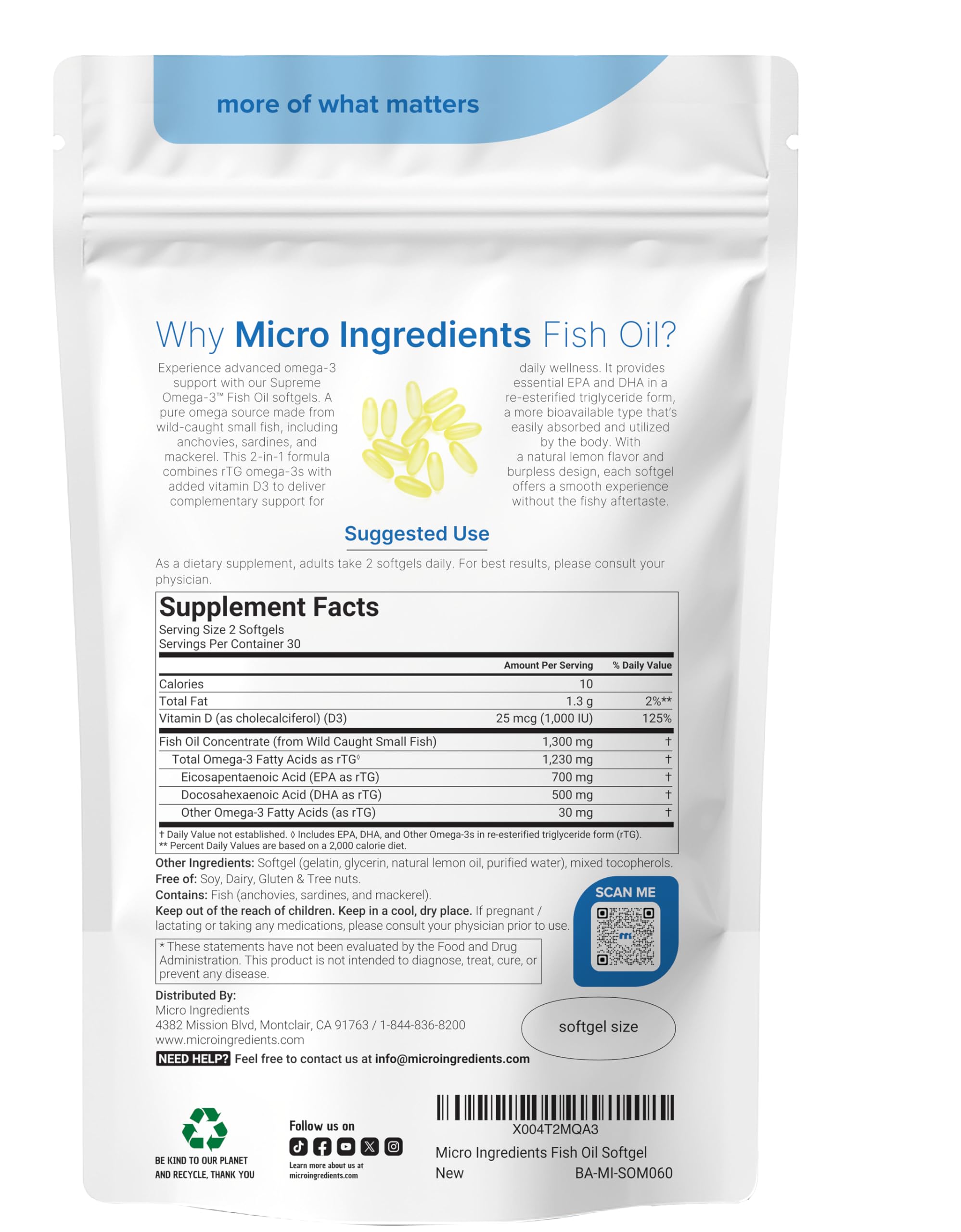 Omega-3 fish oil in rTG form with 700 mg EPA and 500 mg DHA per serving