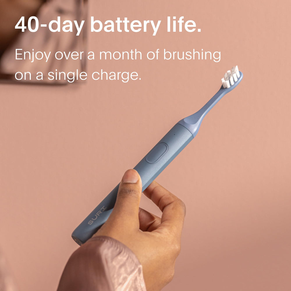 Aluminum body close-up of SURI 1.0 sonic toothbrush