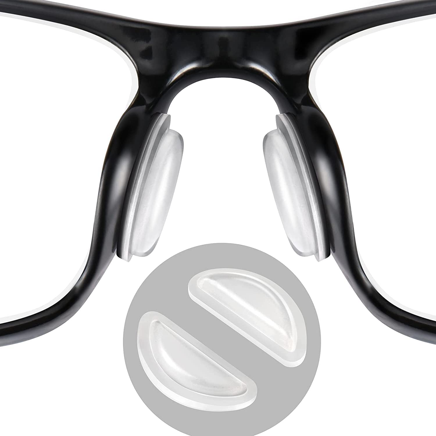 Close-up of SURMAP clear silicone eyeglass nose pad with airbag design