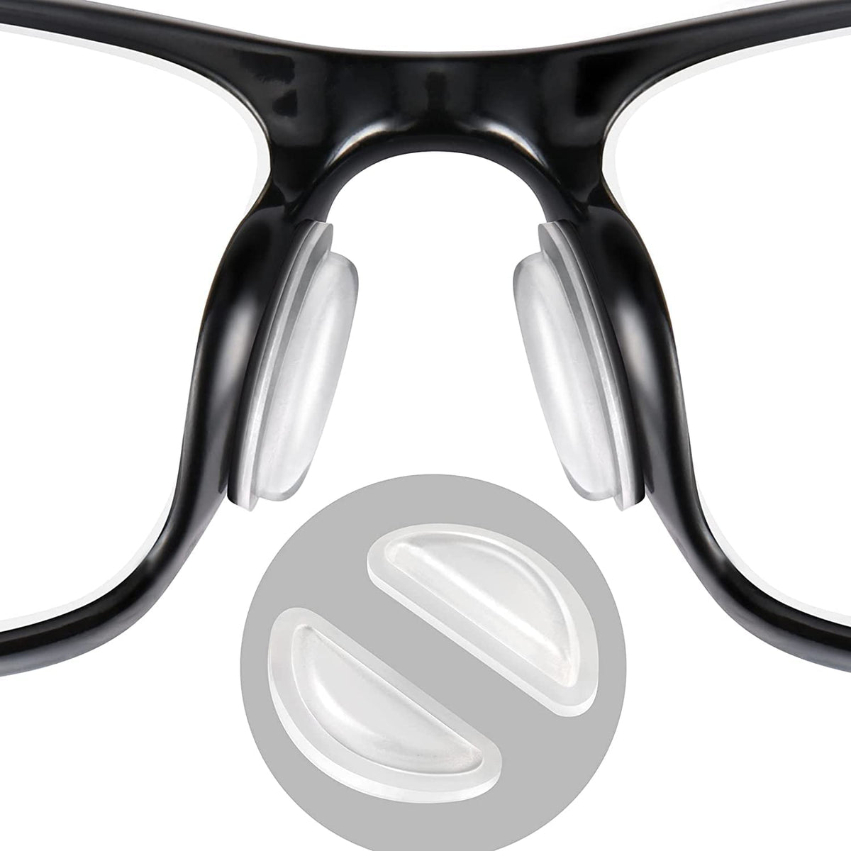 Close-up of SURMAP clear silicone eyeglass nose pad with airbag design