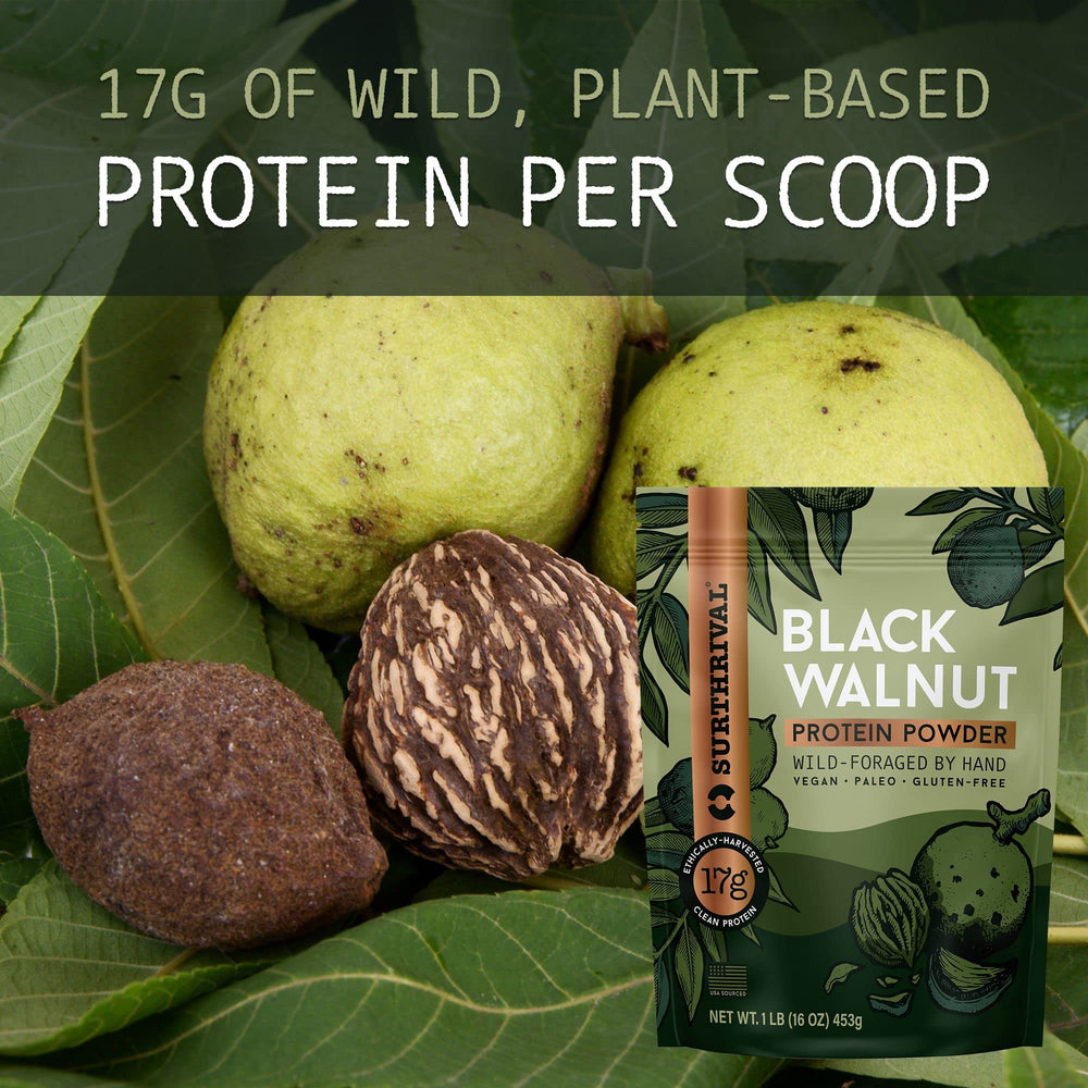 Surthrival Black Walnut Protein Powder bag—shelf-stable gluten-free vegan protein.
