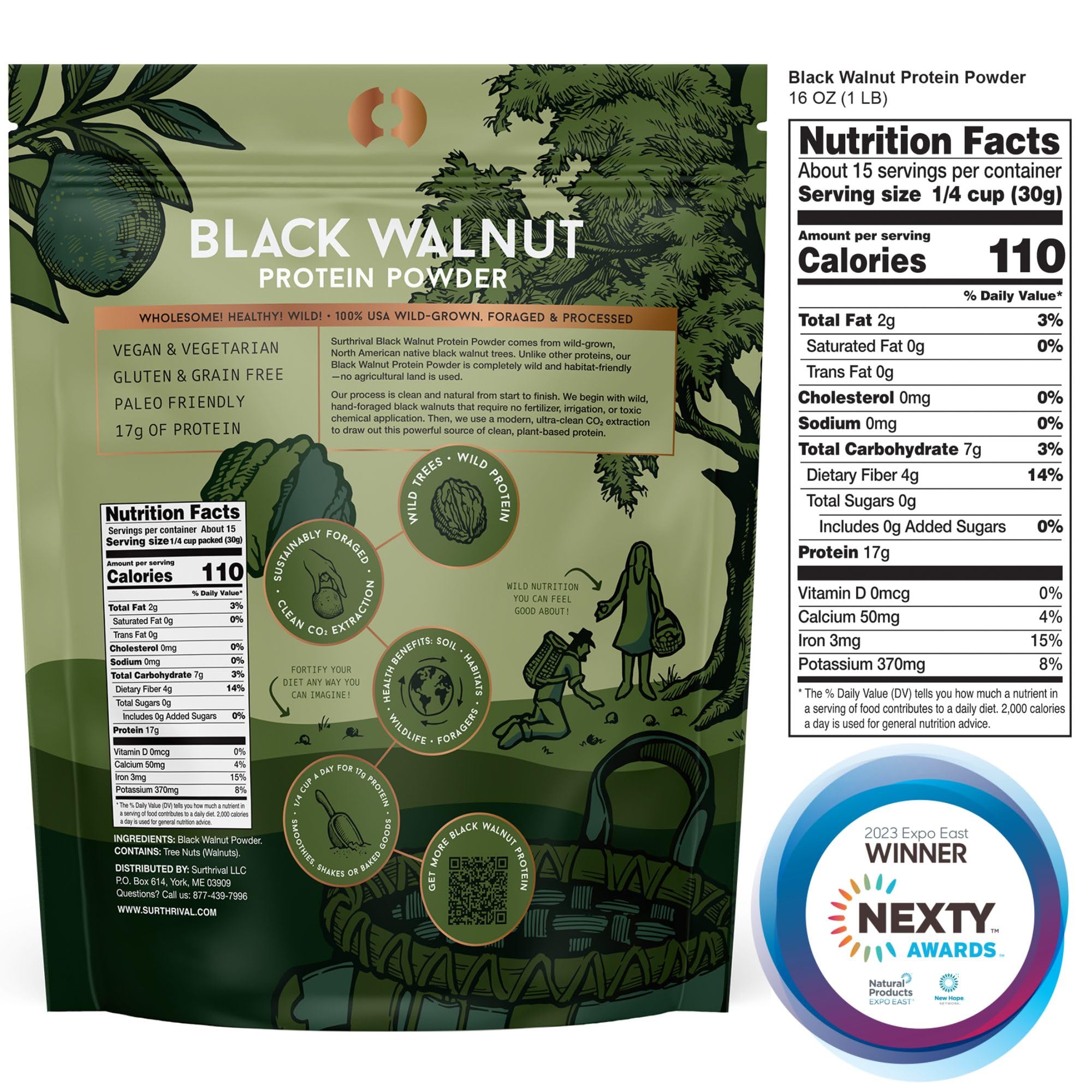 Surthrival Black Walnut Protein Powder closeup—CO2 extraction preserves quality.