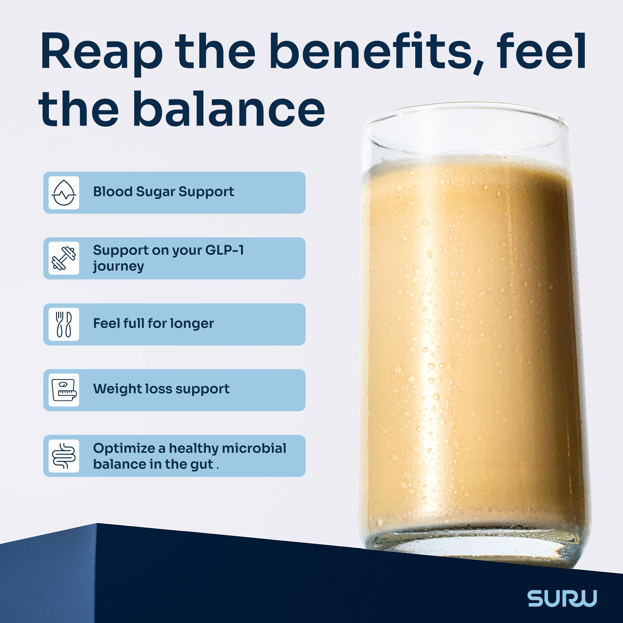 Suru Balance Shake powder bag emphasizes 20g protein for fullness