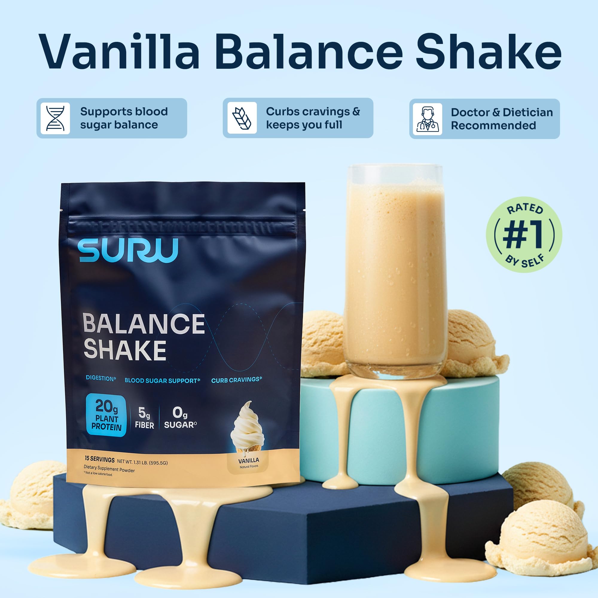 Vanilla Suru Balance Shake served in a glass with straw