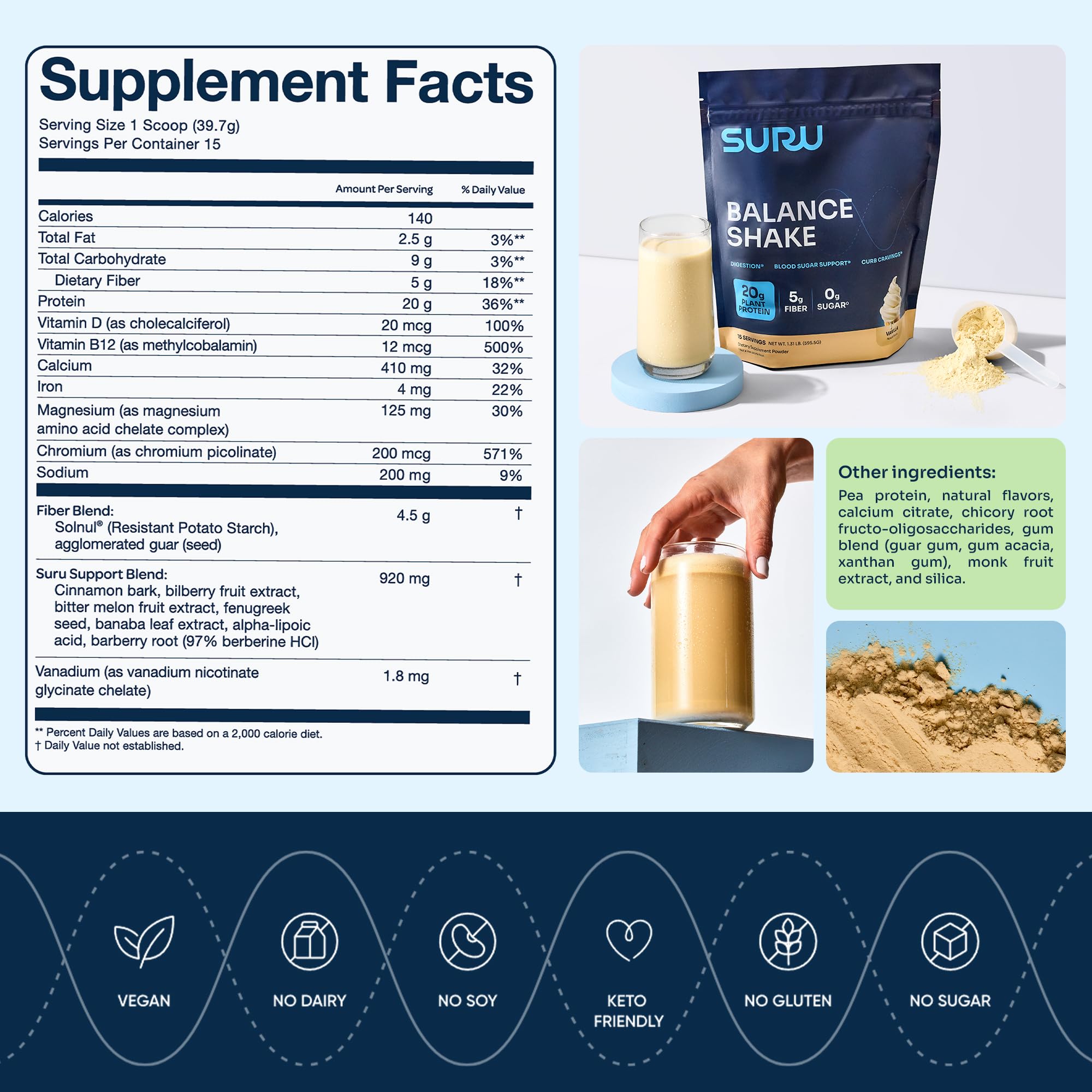 Suru Balance Shake vanilla container with scoop beside it