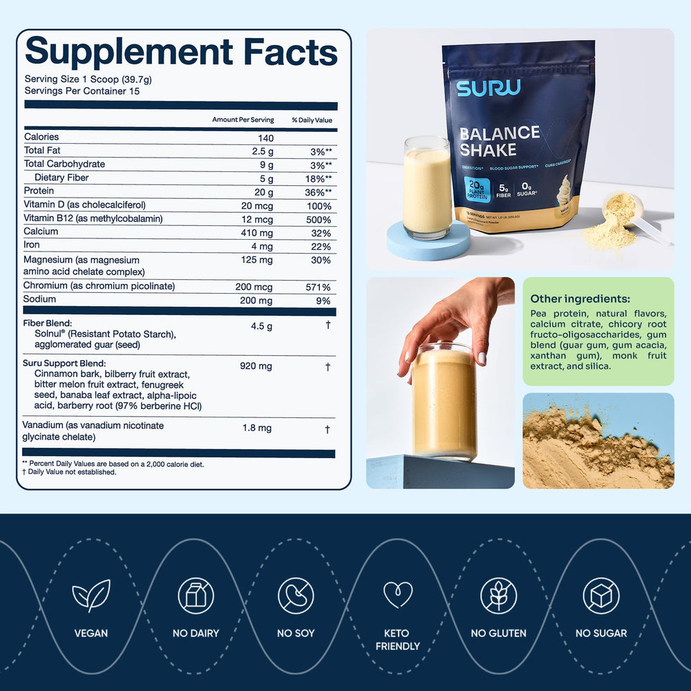 Suru Balance Shake vanilla container with scoop beside it