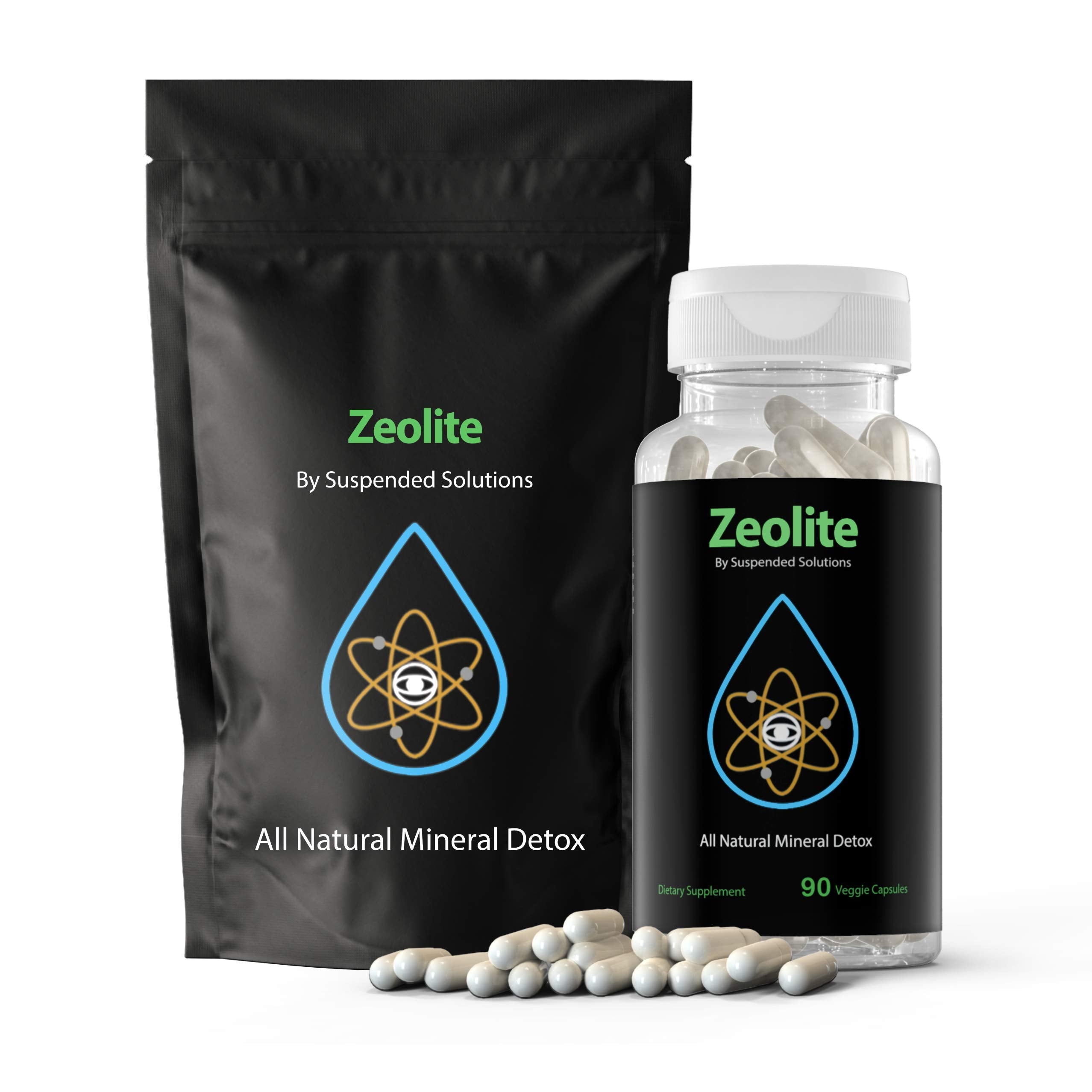 Suspended Solutions Zeolite Clinoptilolite bottle front showing capsules for gentle detox support