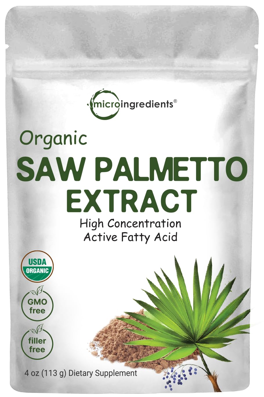 Sustainably US grown organic saw palmetto powder in a 4 oz container
